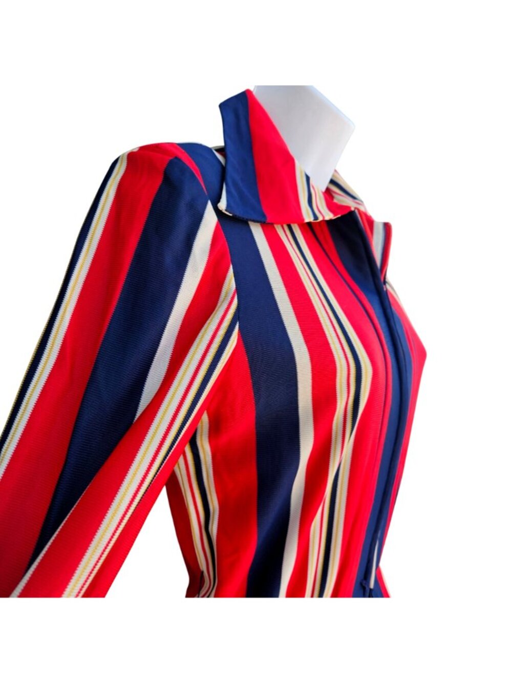 Vintage 70s California Stripe Nylon Knit Dress Red White Blue Zip Front Womens M - Picture 2 of 14
